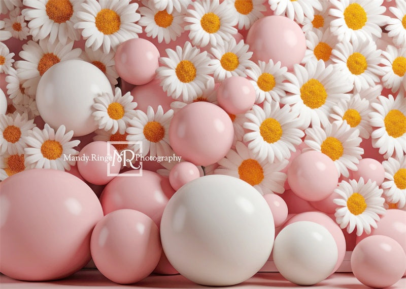 Kate Pink White Balloon Daisies Wall Backdrop Designed by Mandy Ringe Photography -UK