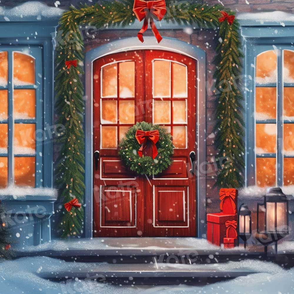 Kate Christmas Red door Snowy Night Backdrop Designed by Chain Photography