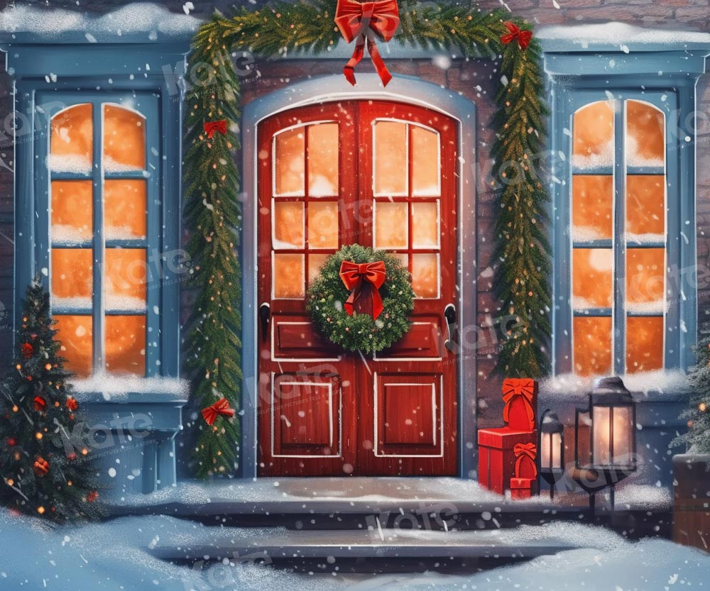 Kate Christmas Red door Snowy Night Backdrop Designed by Chain Photography