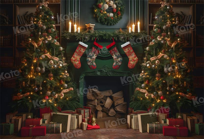 Kate Christmas Fireplace Gift Room Backdrop for Photography