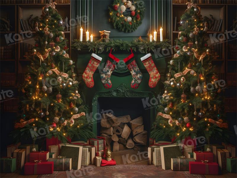 Kate Christmas Fireplace Gift Room Backdrop for Photography