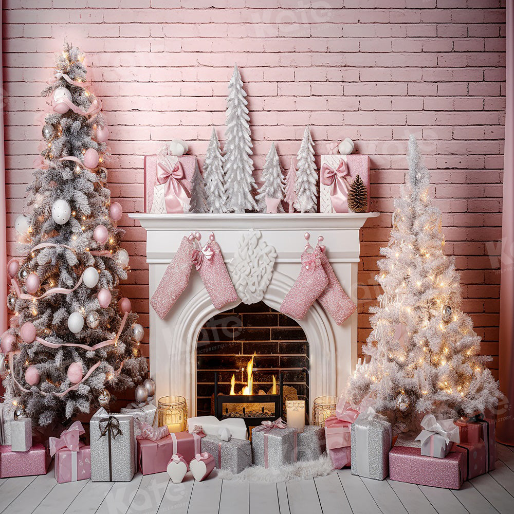 Kate Christmas Pink Room Fireplace Backdrop for Photography