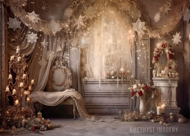 Kate Rustic Winter Snowflake Room Christmas Backdrop Designed by Angela Marie Photography