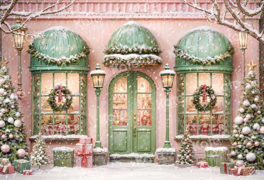 Kate Christmas Pink House Snowy Street Backdrop Designed by Chain Photography