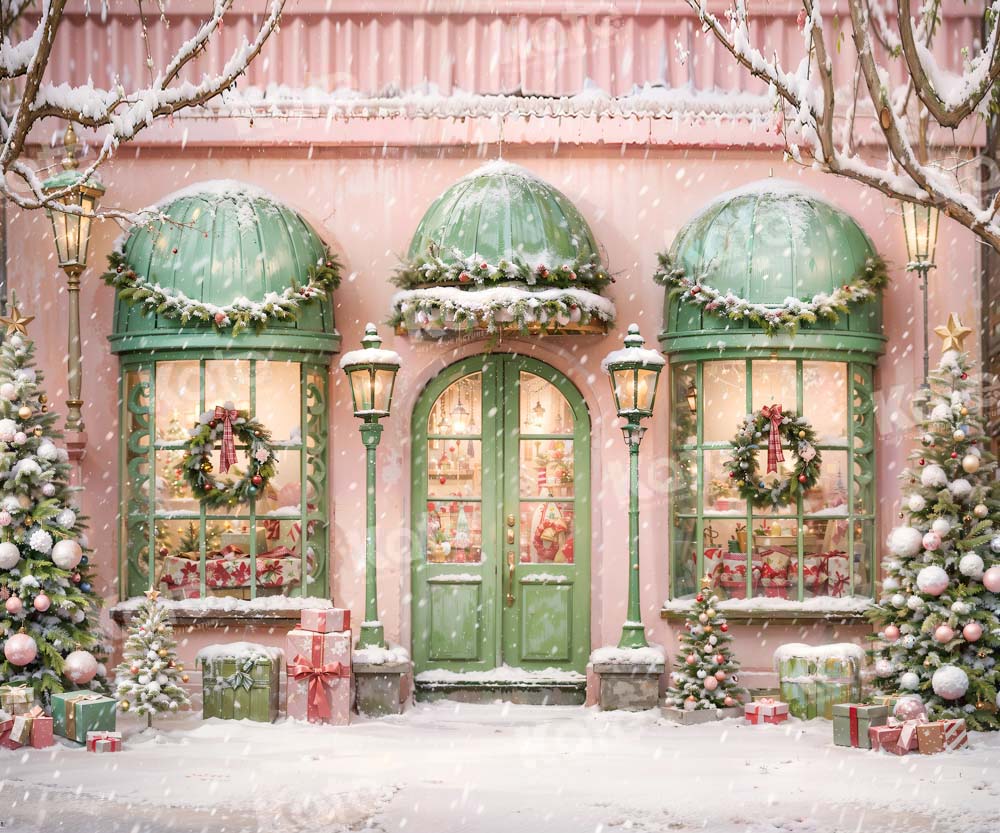 Kate Christmas Pink House Snowy Street Backdrop Designed by Chain Photography