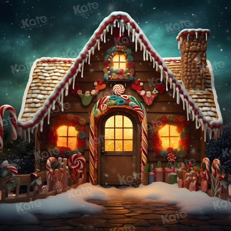 Kate Christmas Gingerbread Candy House Night Backdrop for Photography