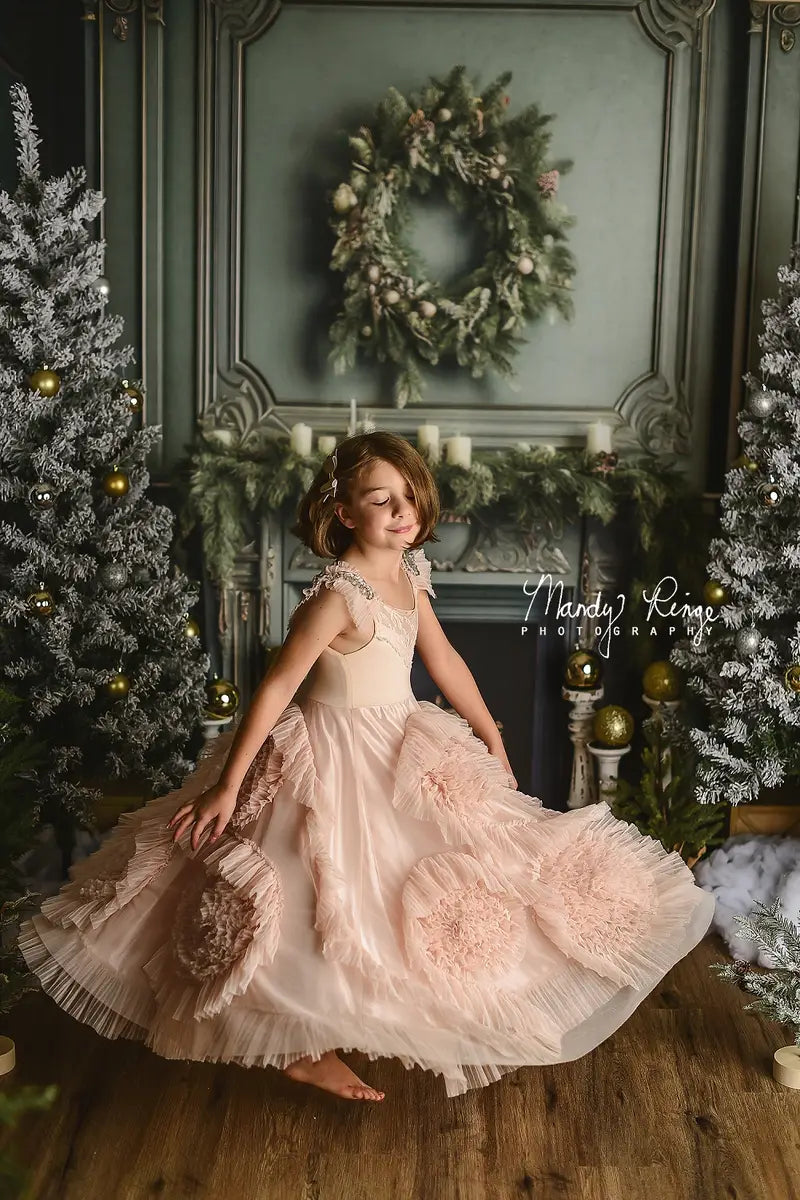 Kate Elegant Fireplace with Christmas Greenery Fleece Backdrop Designed by Mandy Ringe Photography