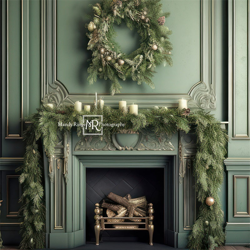 Kate Fireplace Greenery Christmas Backdrop Designed by Mandy Ringe Photography