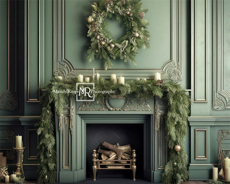 Kate Elegant Fireplace with Christmas Greenery Fleece Backdrop Designed by Mandy Ringe Photography