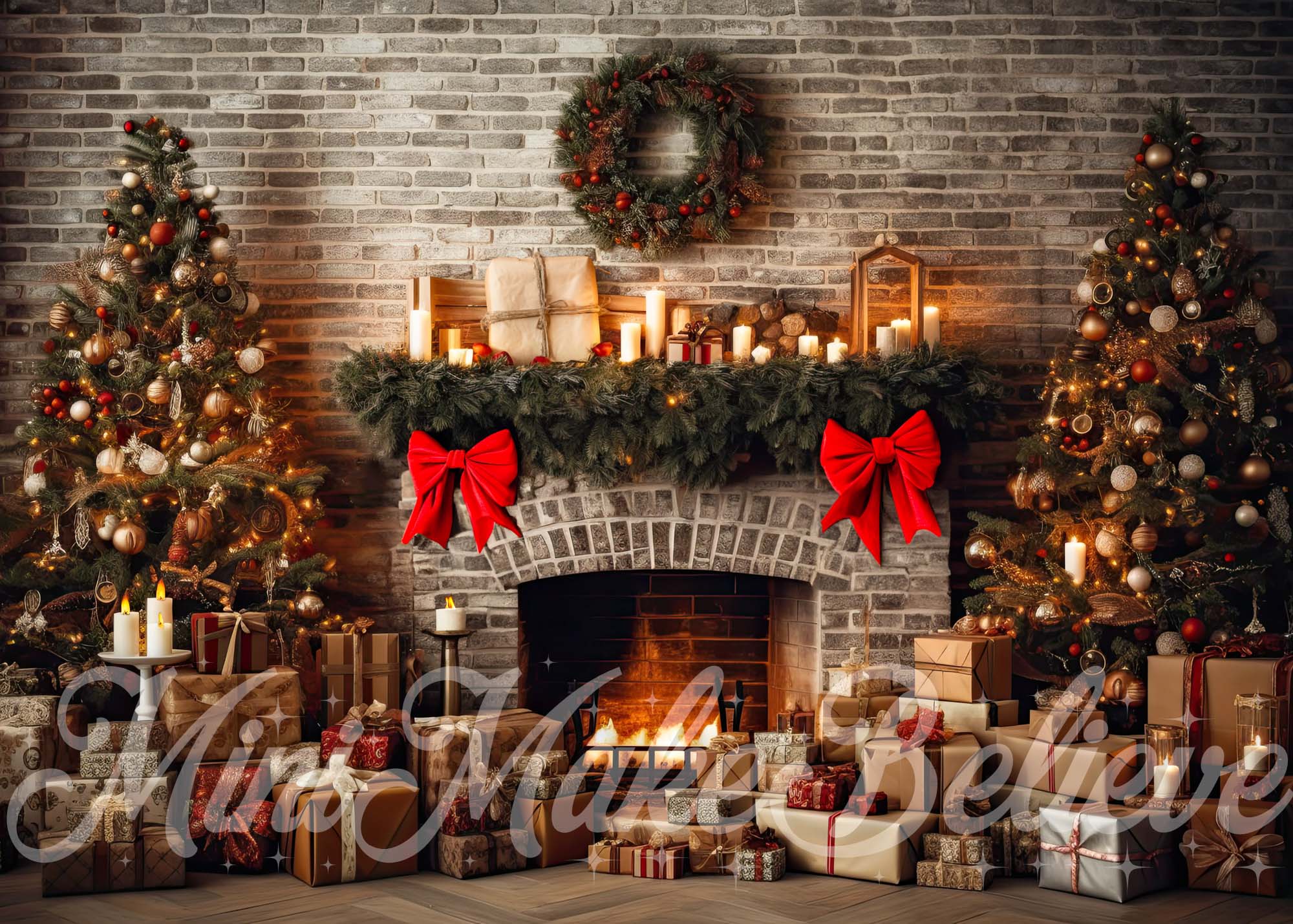Kate Christmas Rustic Fireplace Trees Backdrop Designed by Mini MakeBelieve