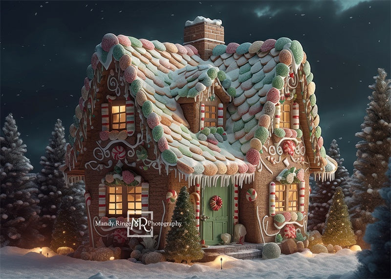 Kate Gingerbread Cottage Night Christmas Backdrop Designed by Mandy Ringe Photography