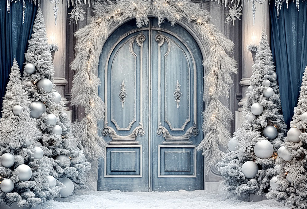 Kate Christmas Winter Frosted World Tree Blue Door Backdrop for Photography -UK