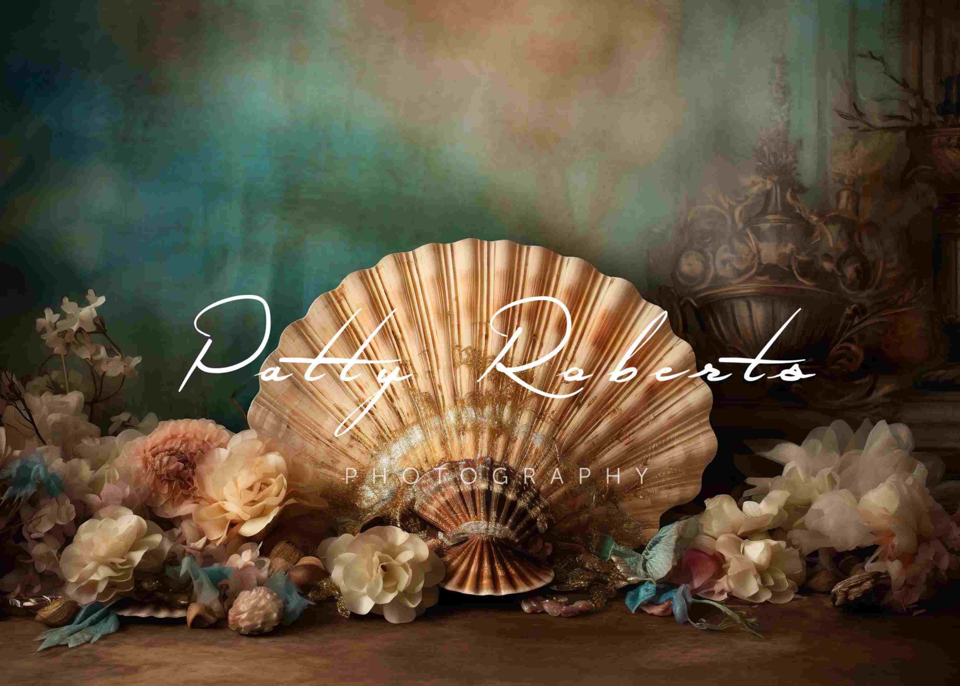 Kate Summer Giant Seashell Floral Backdrop Designed by Patty Robert -UK