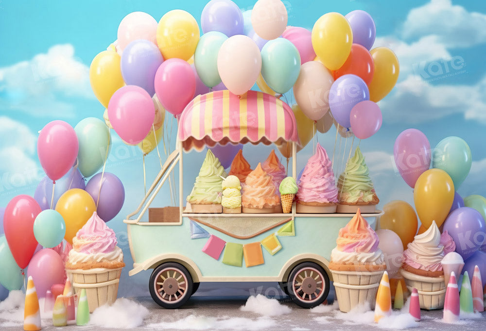 Kate Summer Sweet Ice Cream Car Cake Smash Balloon Sky Fleece Backdrop Designed by Chain Photography -UK