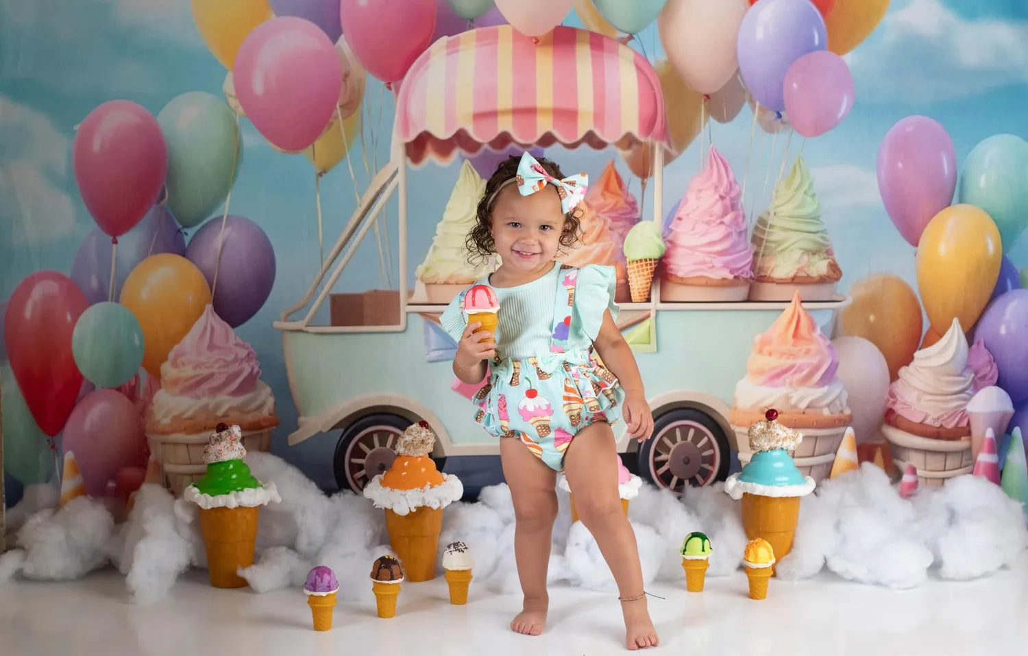 Kate Summer Sweet Ice Cream Car Cake Smash Balloon Sky Fleece Backdrop Designed by Chain Photography -UK