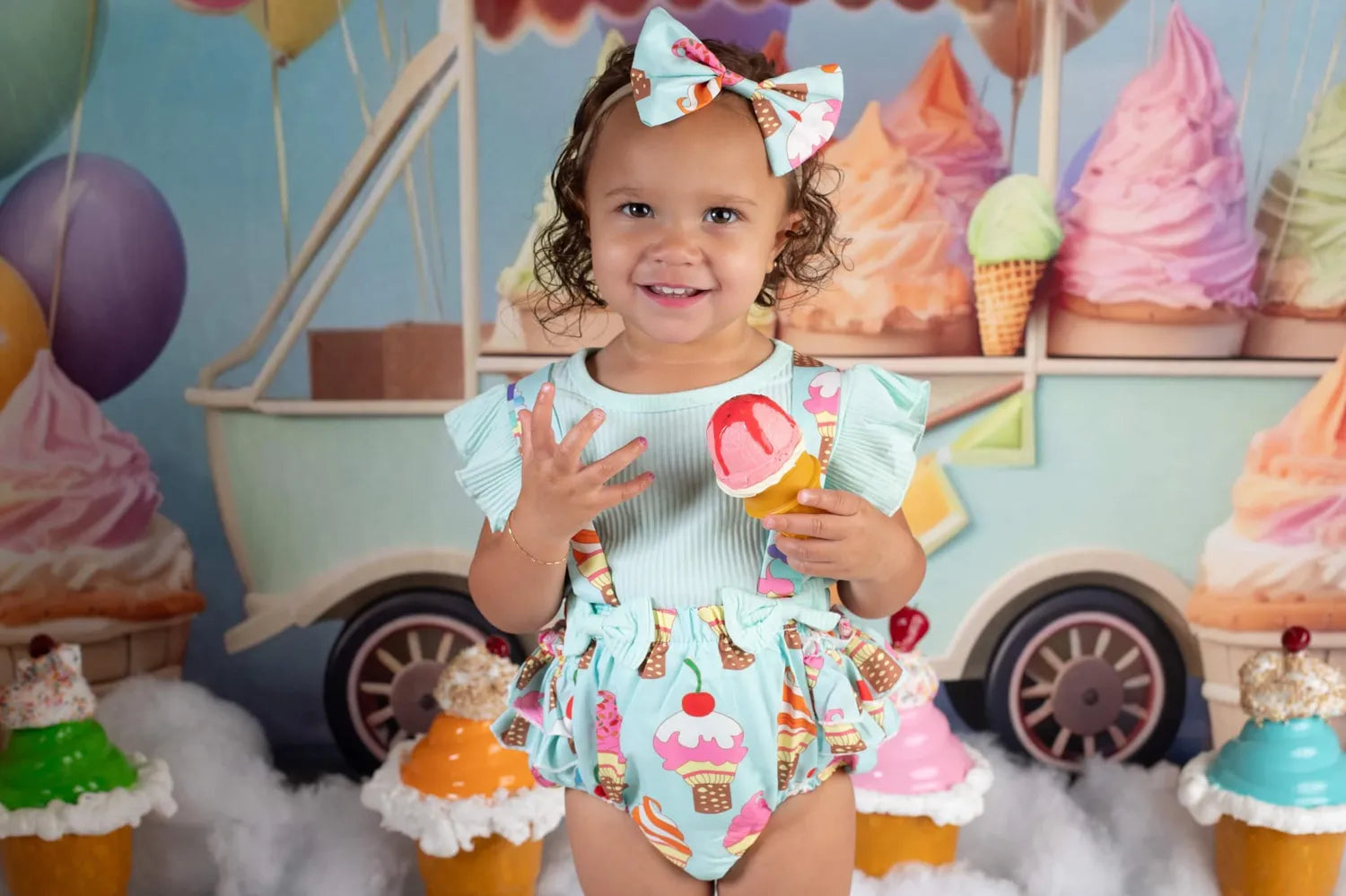 Kate Summer Sweet Ice Cream Car Cake Smash Balloon Sky Fleece Backdrop Designed by Chain Photography -UK