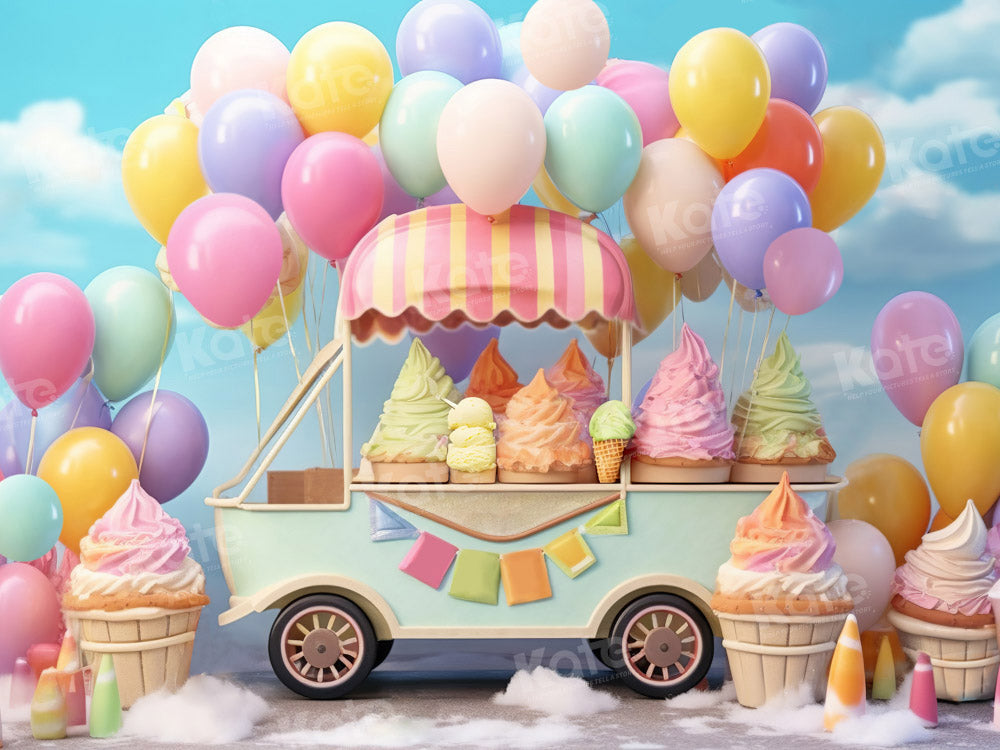 Kate Summer Sweet Ice Cream Car Cake Smash Balloon Sky Fleece Backdrop Designed by Chain Photography -UK