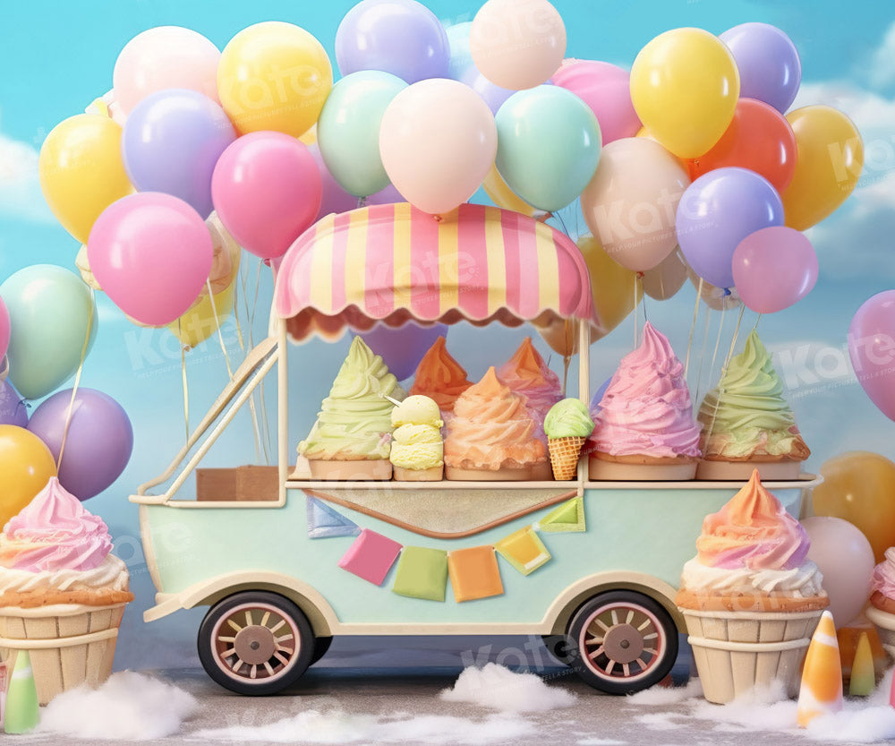 Kate Summer Sweet Ice Cream Car Cake Smash Balloon Sky Fleece Backdrop Designed by Chain Photography -UK