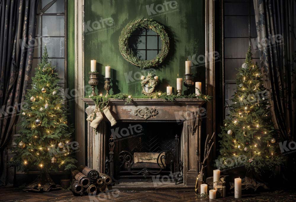 Kate Christmas Tree Fireplace Old Green Backdrop Designed by Chain Photography