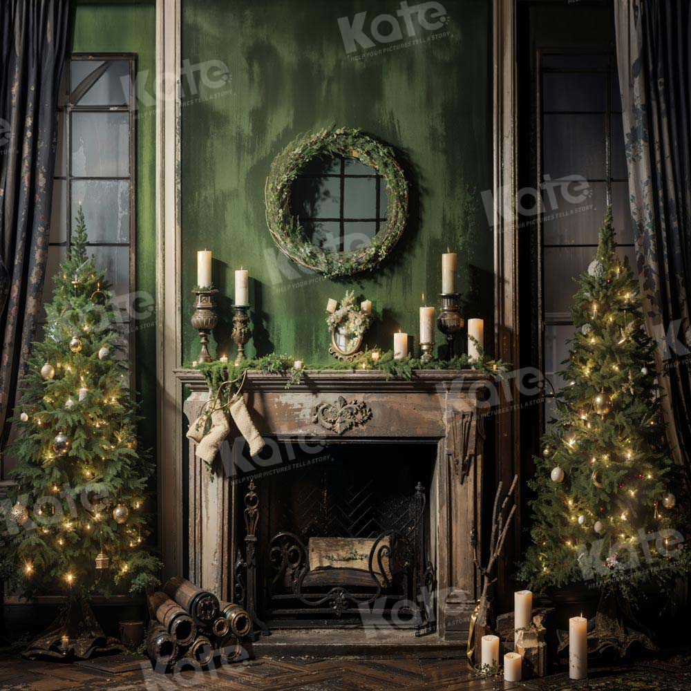 Kate Christmas Tree Fireplace Old Green Backdrop Designed by Chain Photography