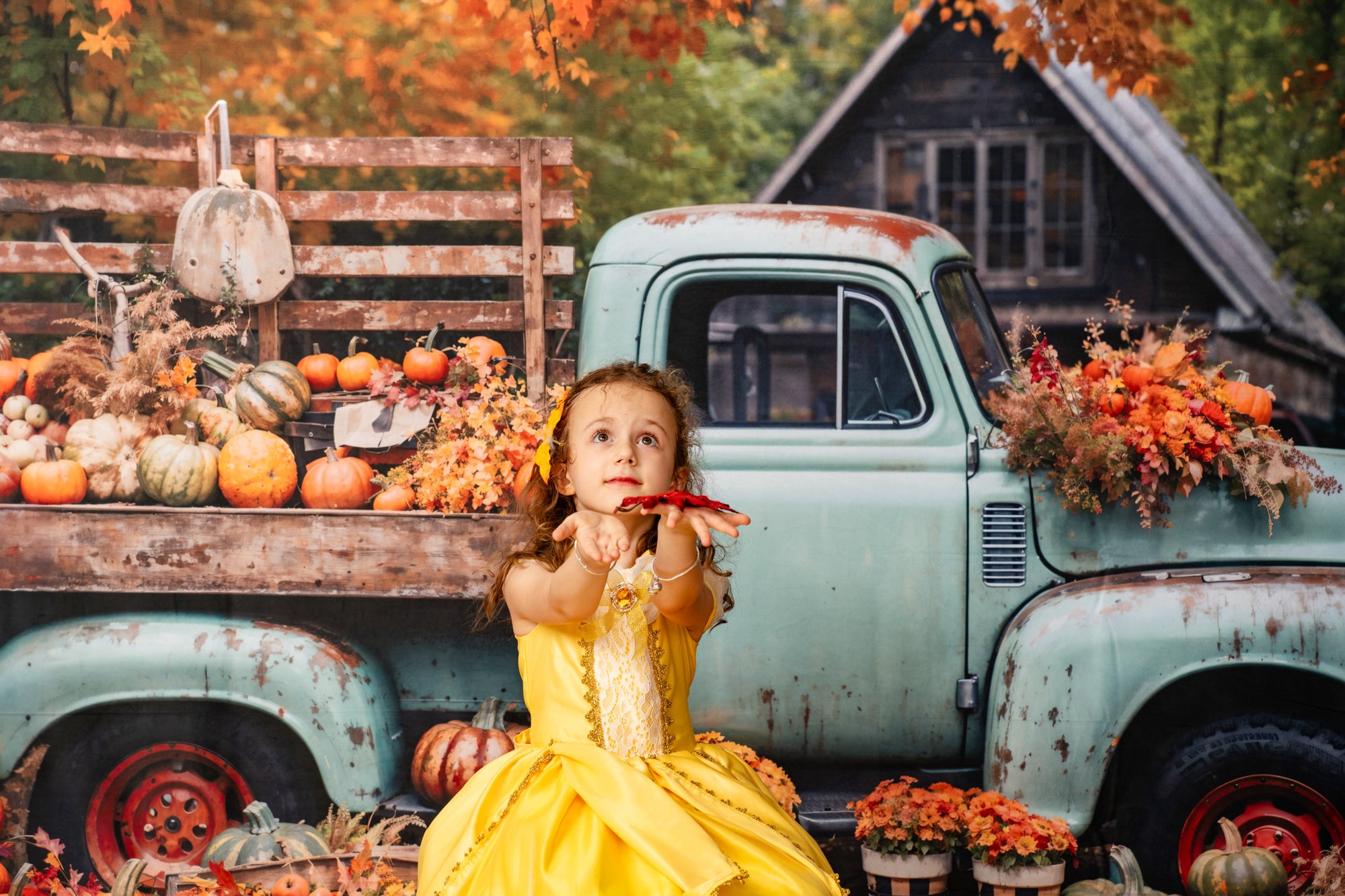 Kate Autumn Truck Golden Leaves Backdrop Designed by Chain Photography