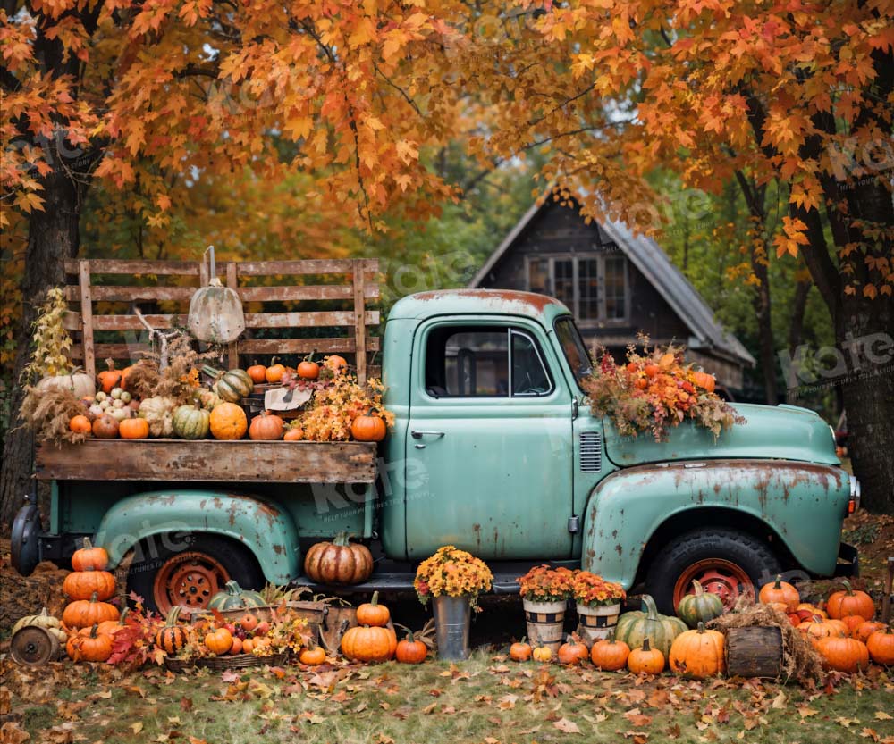 Kate Autumn Truck Golden Leaves Backdrop Designed by Chain Photography