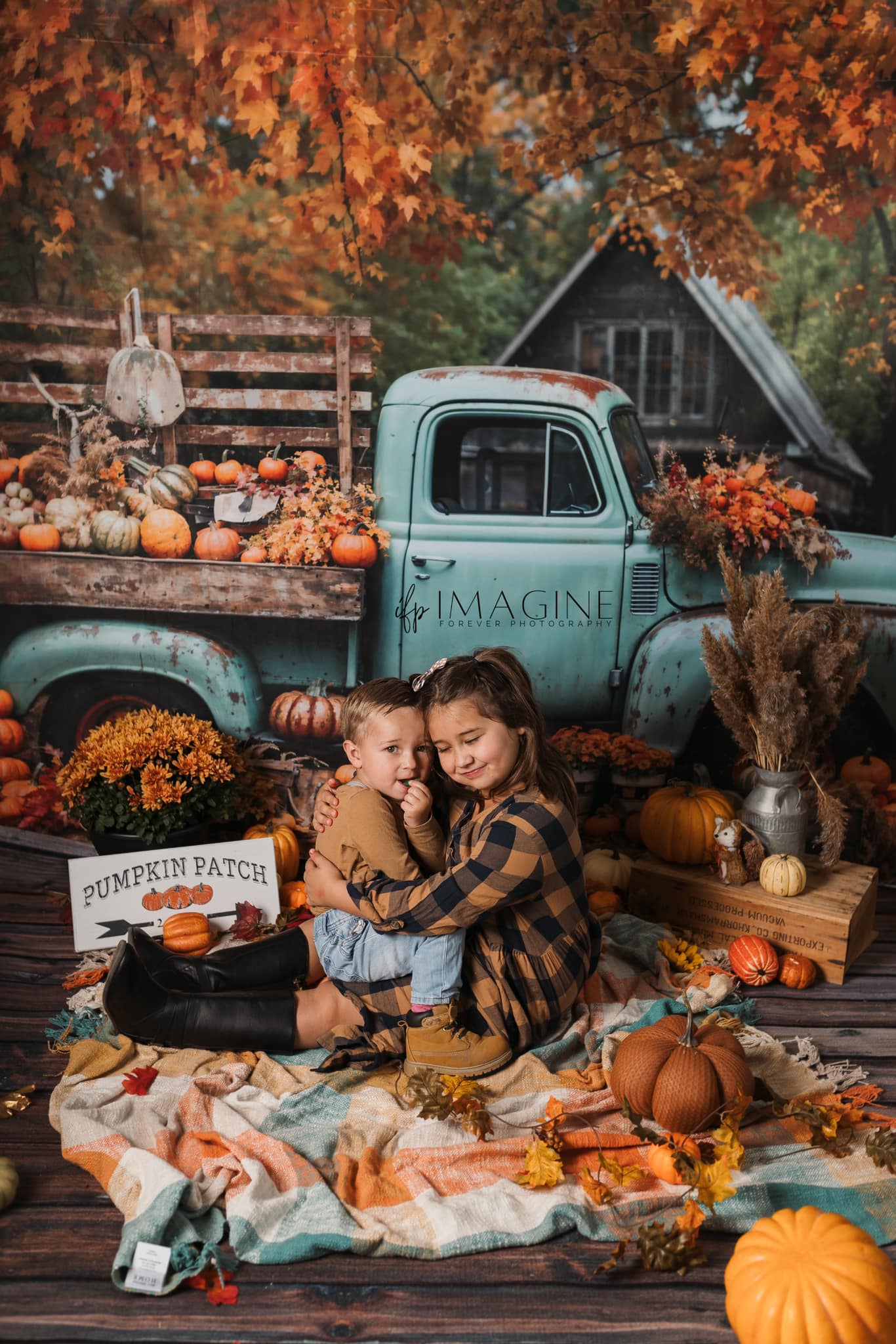 Kate Autumn Truck Golden Leaves Backdrop Designed by Chain Photography