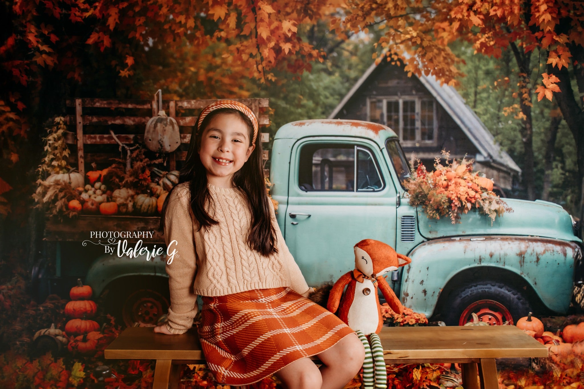 Kate Autumn Truck Golden Leaves Backdrop Designed by Chain Photography
