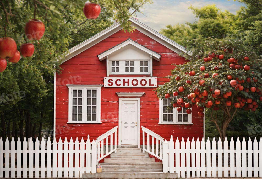 Kate Back to School Red House Apple Tree Fence Backdrop Designed by Chain Photography