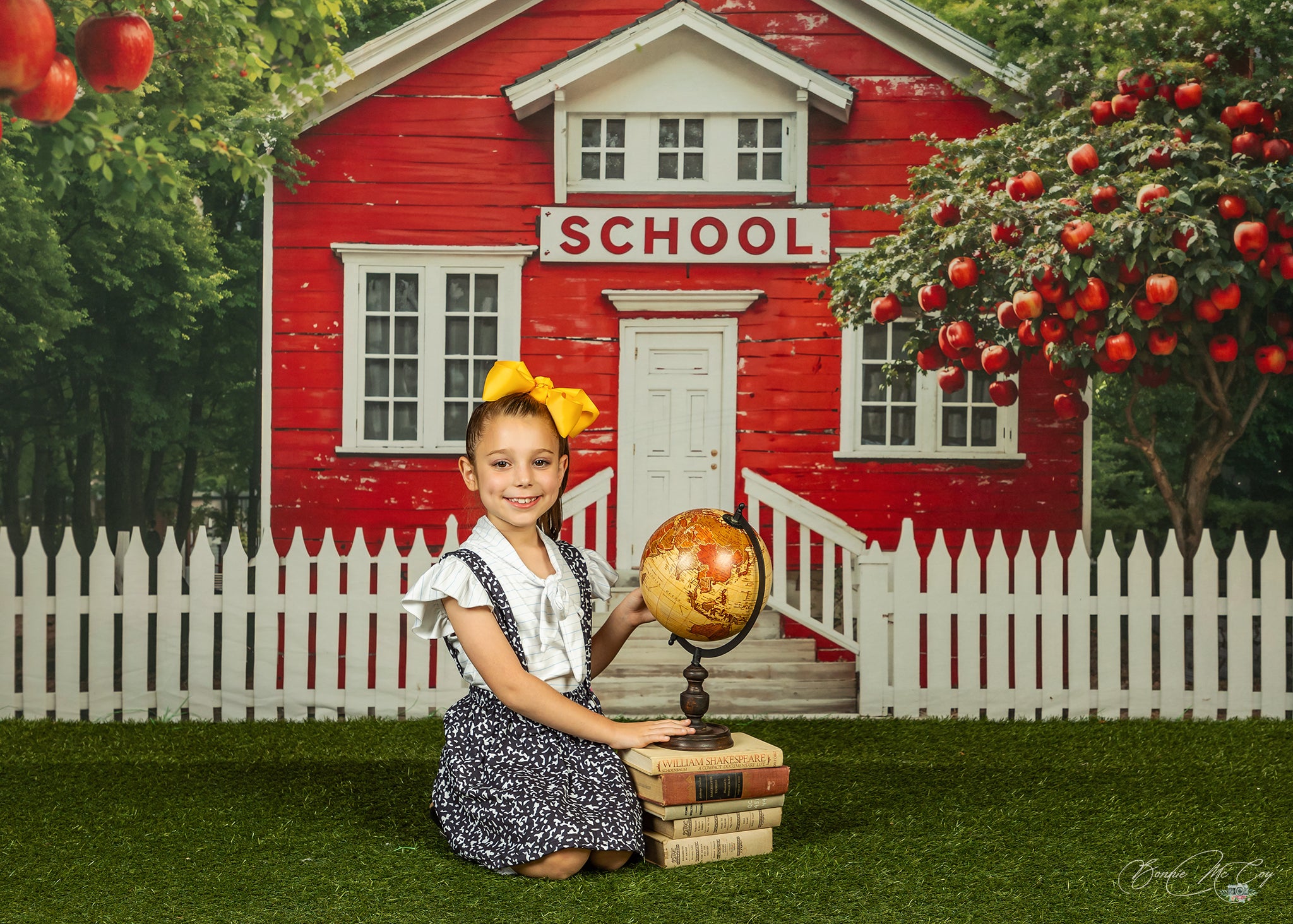 Kate Back to School Red House Apple Tree Fence Backdrop Designed by Chain Photography