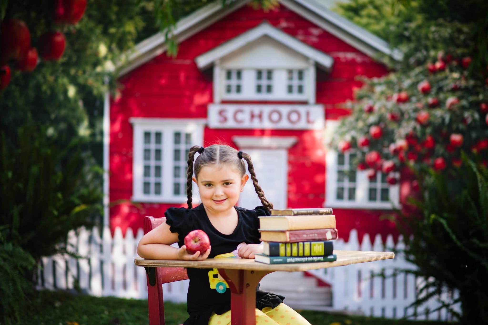 Kate Back to School Red House Apple Tree Fence Backdrop Designed by Chain Photography -UK