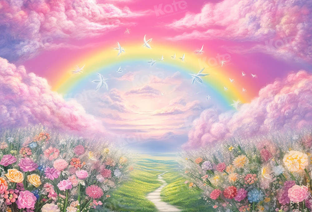 Kate Spring/Summer Pink Flower Field Rainbow Backdrop Designed by Emetselch