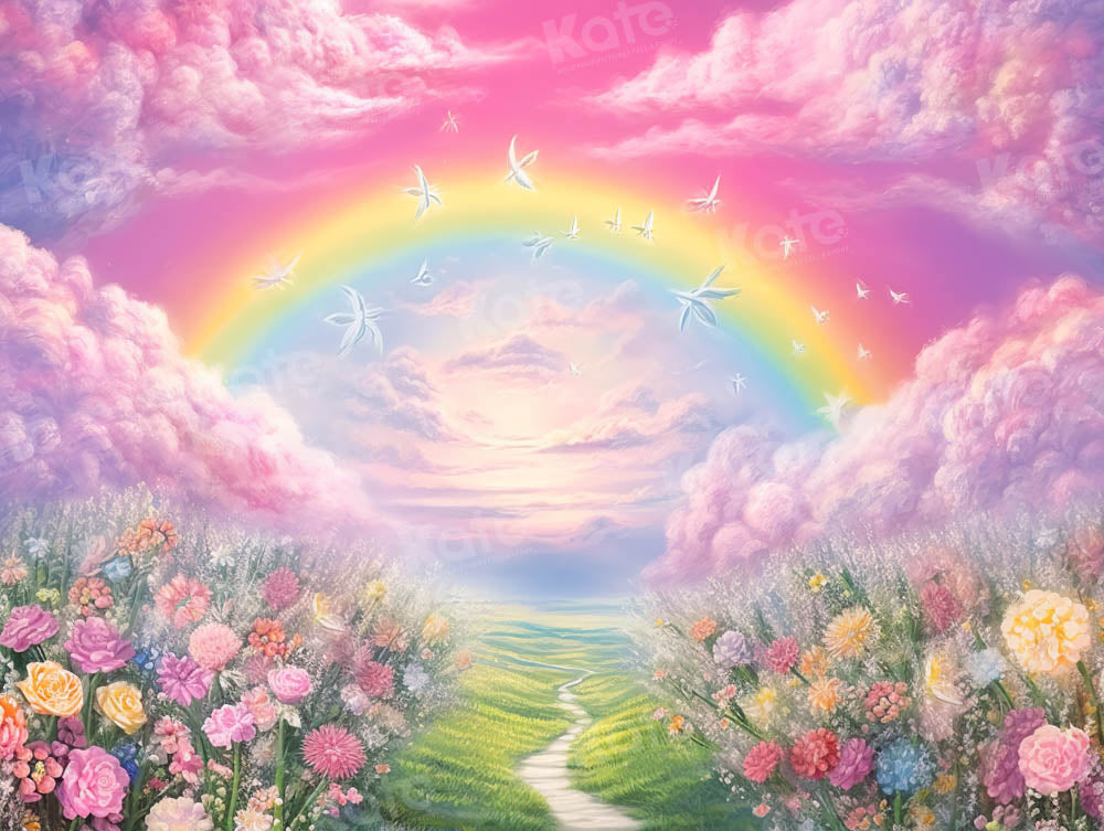 Kate Spring/Summer Pink Flower Field Rainbow Backdrop Designed by Emetselch -UK