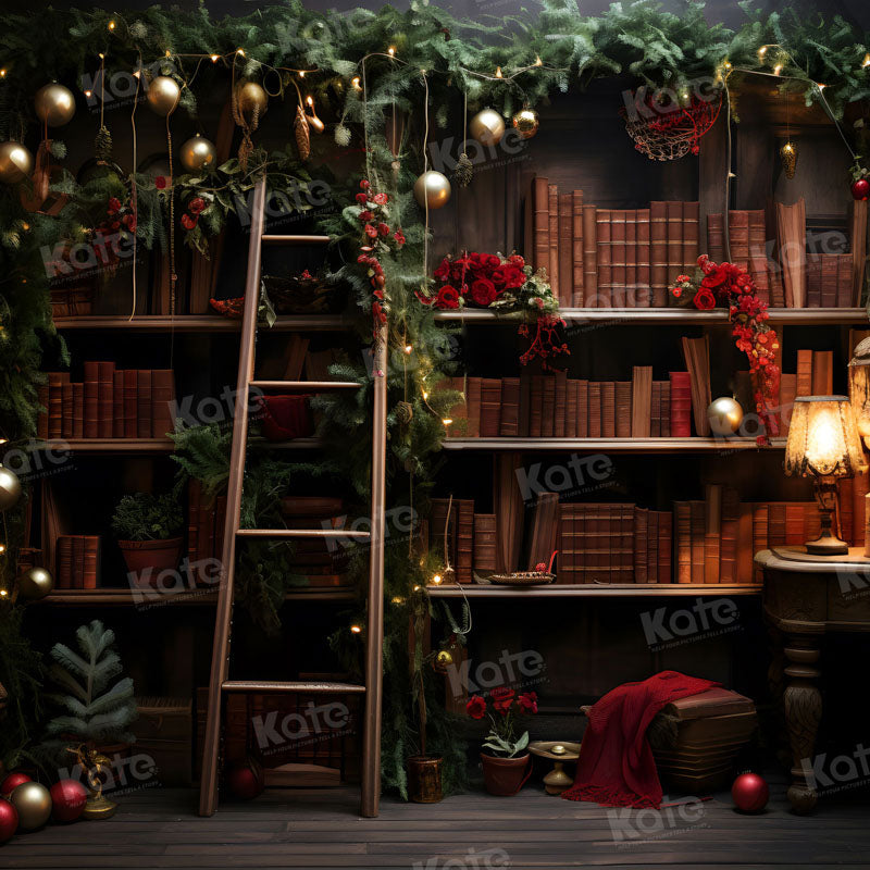 Kate Christmas Bookshelf Wooden Ladder Backdrop for Photography