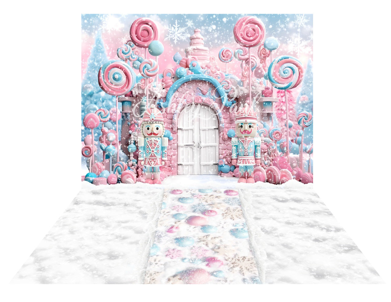 Kate Winter Christmas Pink Candy White Door Nutcracker+Snow Fantasy Floor Backdrop