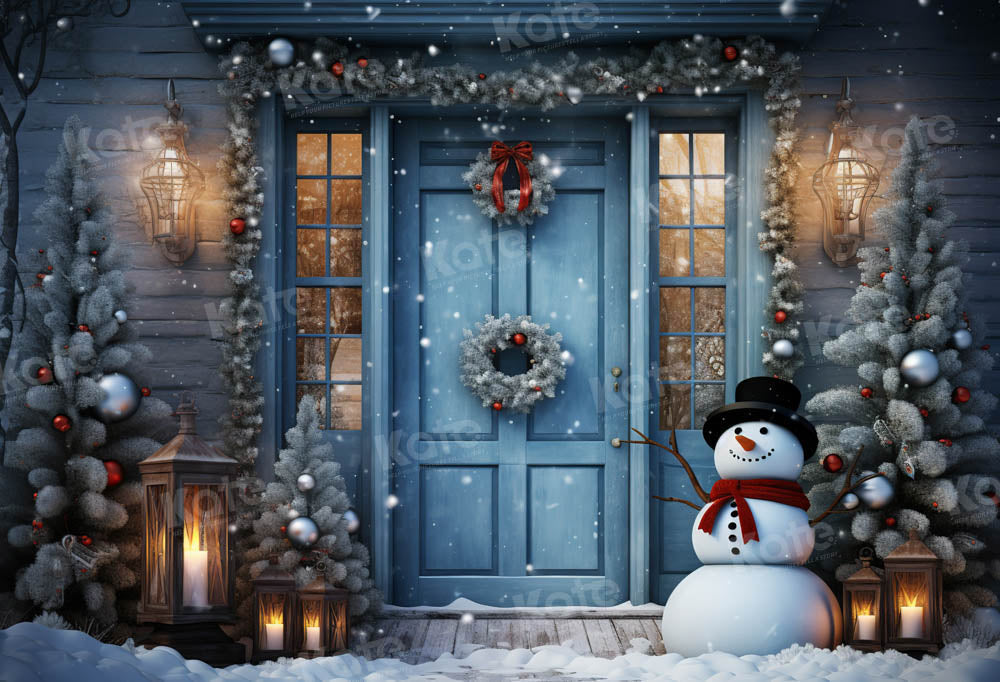 Kate Winter Snowy Blue Door Snowman Backdrop Designed by Chain Photography