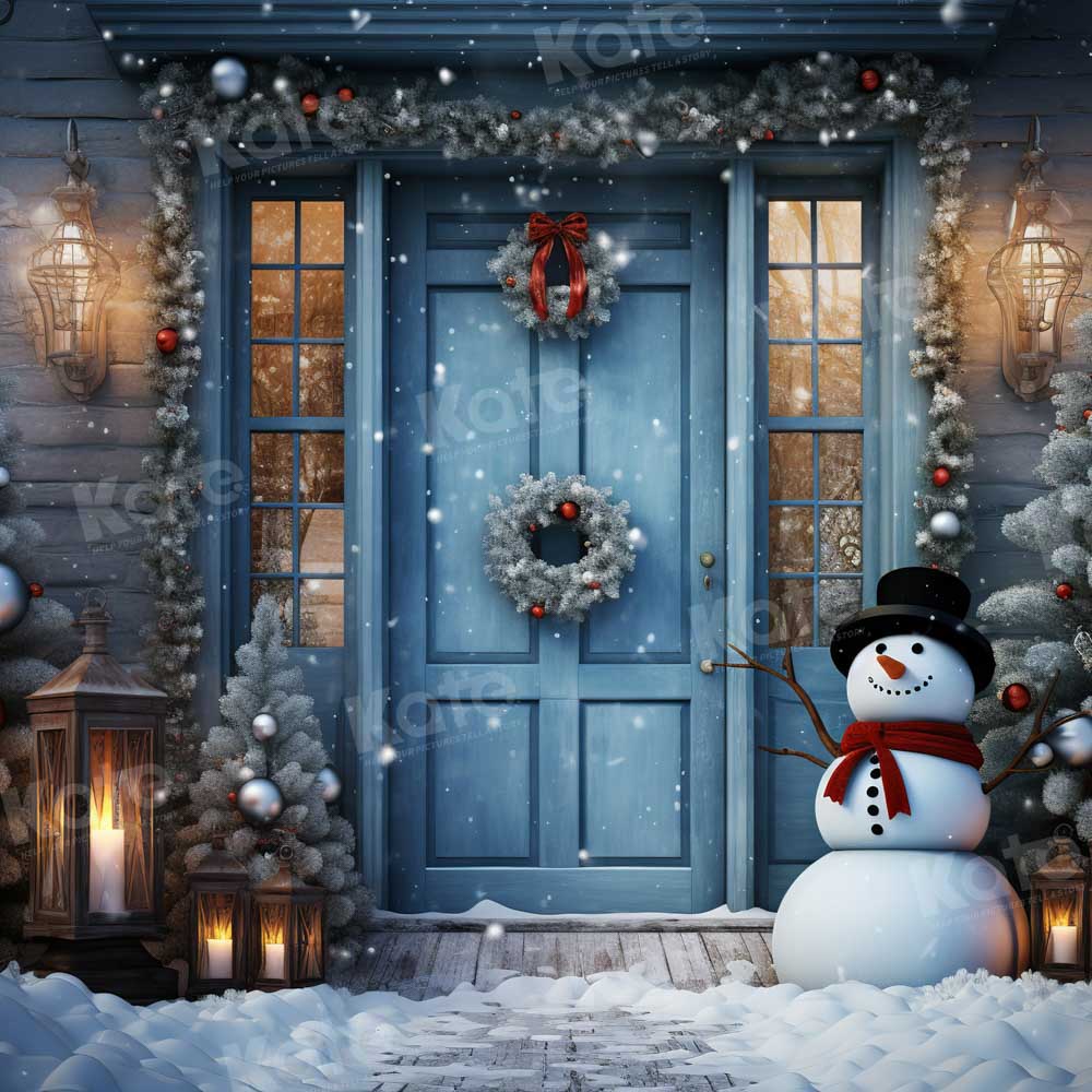 Kate Winter Snowy Blue Door Snowman Backdrop Designed by Chain Photography