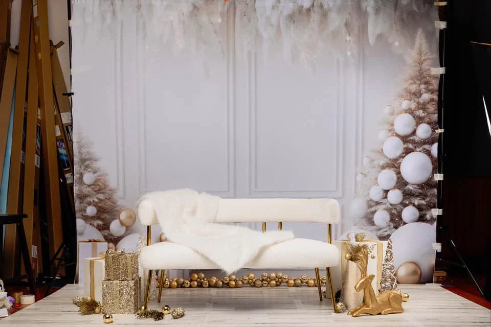 Kate Christmas White Wall Feathers & Gold Fleece Backdrop Designed by Lidia Redekopp