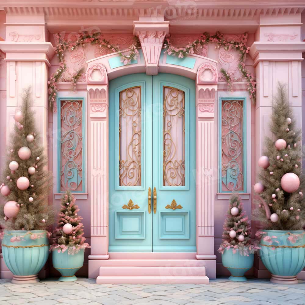 Kate Christmas Pink House Blue Door Backdrop Designed by Emetselch -UK