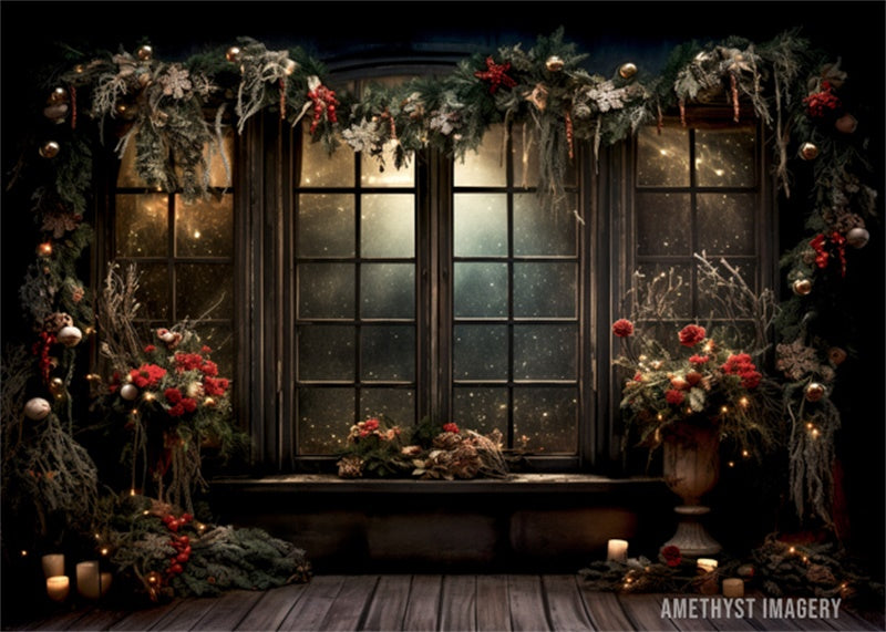 Kate Christmas Holly Window Black Wall Backdrop Designed by Angela Marie Photography