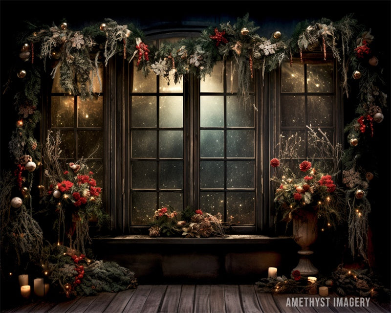 Kate Christmas Holly Window Black Wall Backdrop Designed by Angela Marie Photography