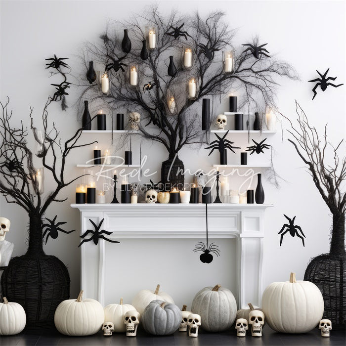 Kate Black & White Halloween Fireplace Backdrop Designed by Lidia Redekopp