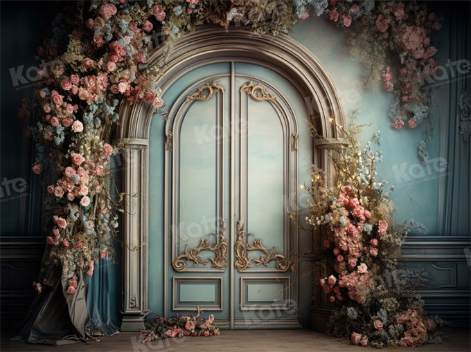 Kate Blue Door Pink Floral Arch Fleece Backdrop Designed by Emetselch -UK