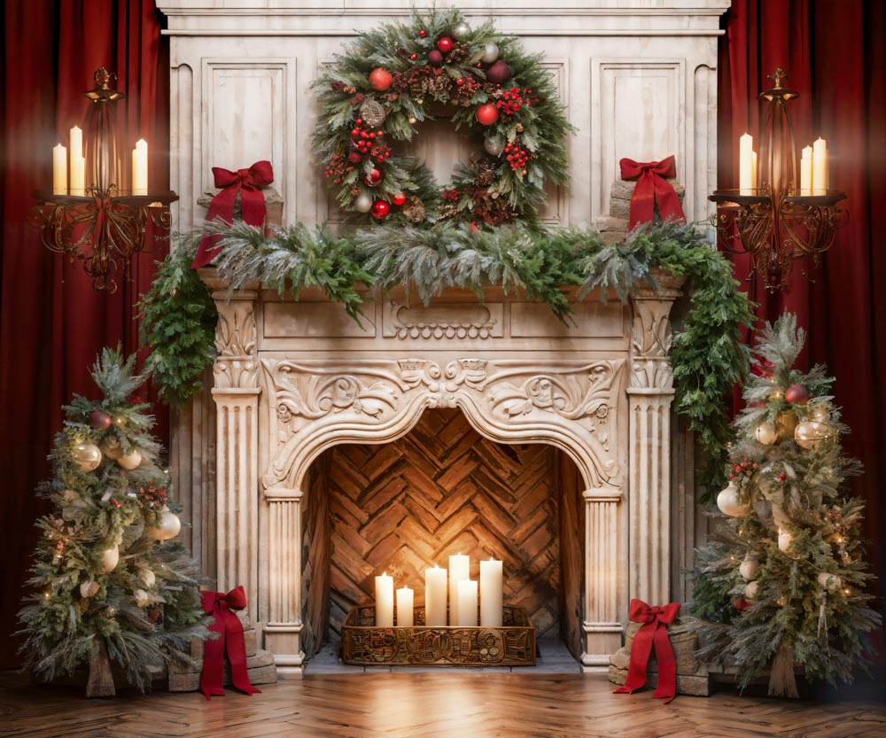 Kate Christmas Tree Fireplace Red Backdrop Designed by Emetselch