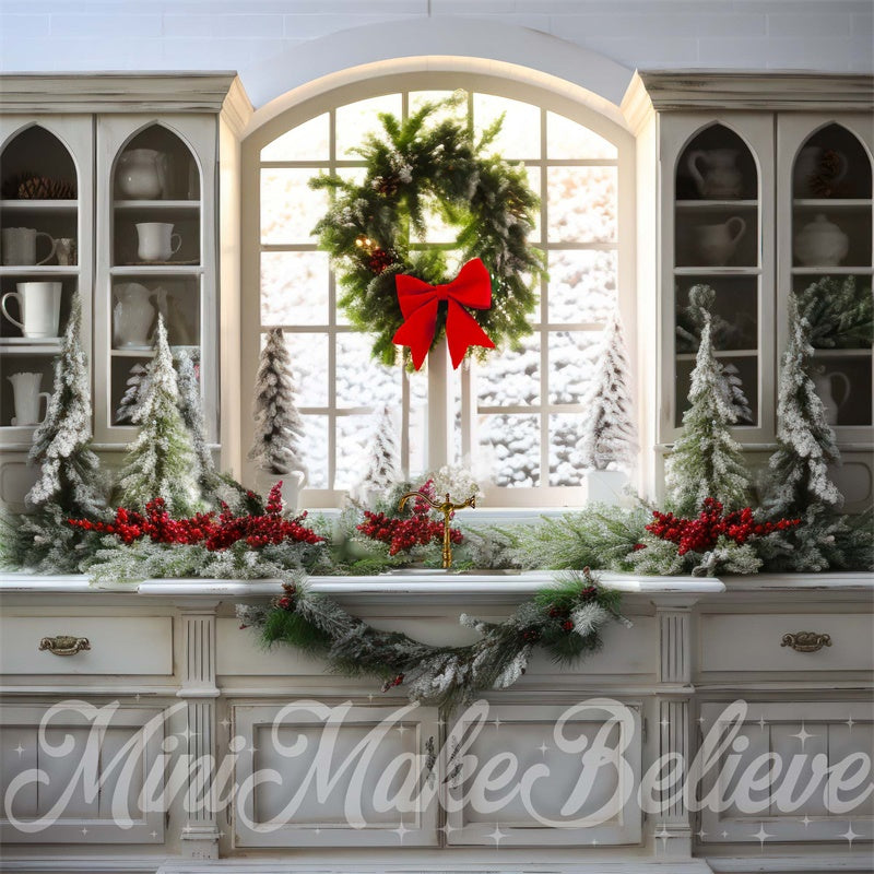 Kate White Farmhouse Winter Christmas Kitchen Backdrop Designed by Mini MakeBelieve