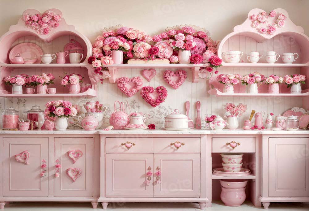 Kate Valentine's Day Pink Rose Floral Kitchen Backdrop Designed by Emetselch
