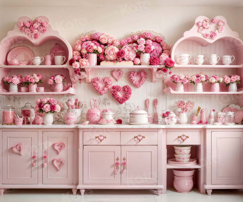Kate Valentine's Day Pink Rose Floral Kitchen Backdrop Designed by Emetselch