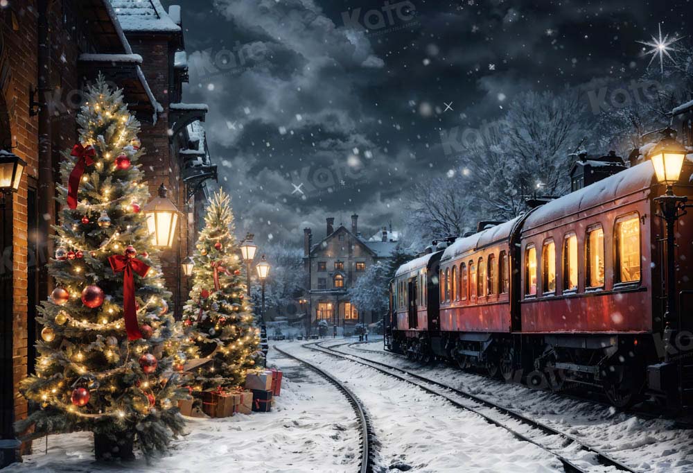 Kate Winter Christmas Tree Train Backdrop Designed by Emetselch