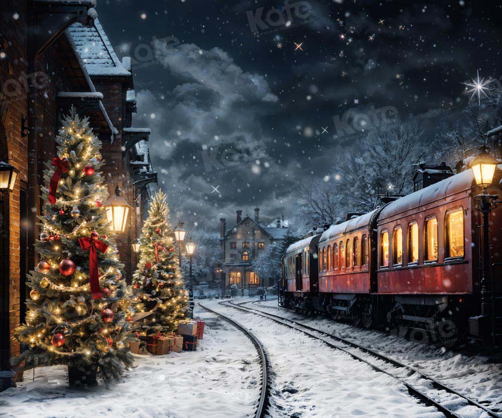 Kate Winter Christmas Tree Train Backdrop Designed by Emetselch