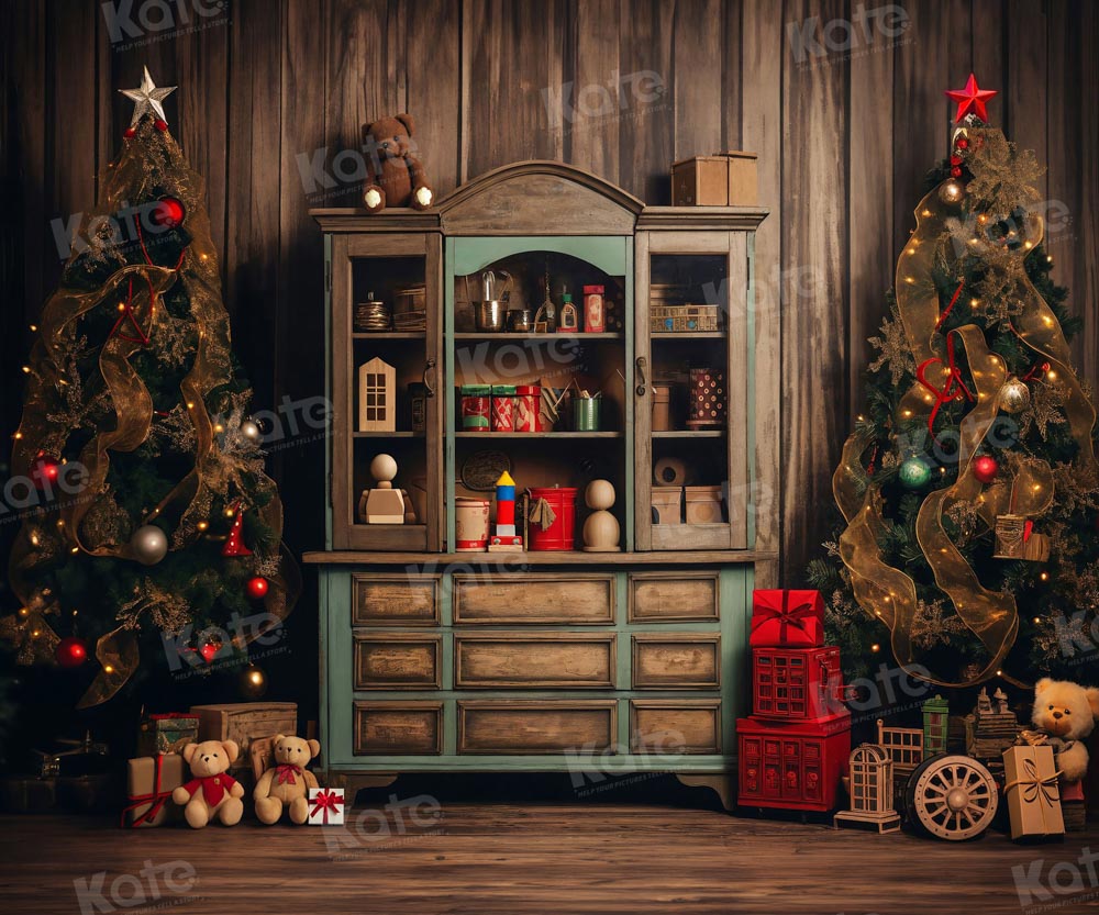 Kate Christmas Tree Bear Bookshelf Backdrop for Photography